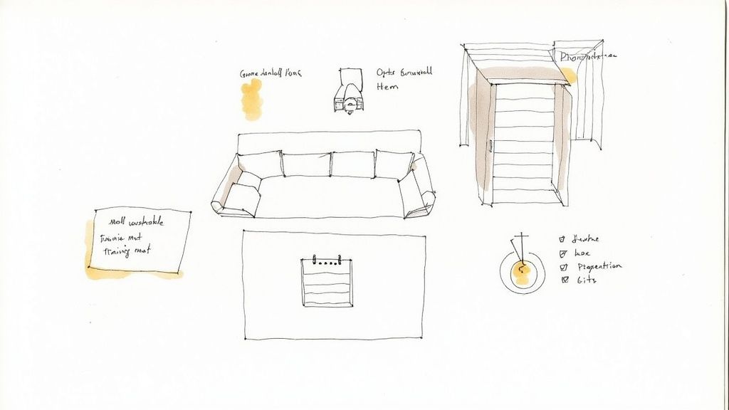 A happy golden retriever lying on a clean, light-colored carpet in a sunny living room.