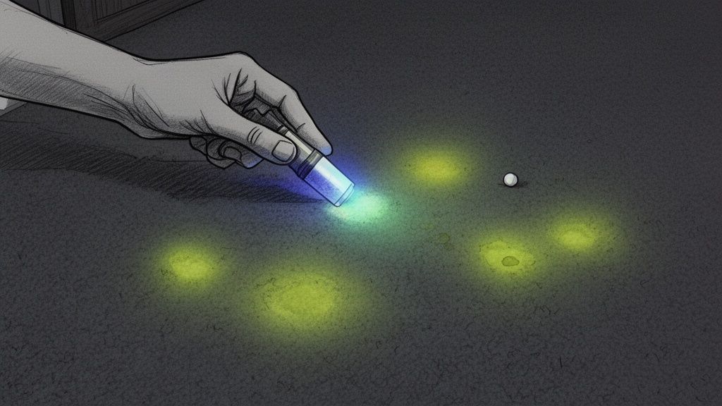 A hand shines a UV light on a dark carpet, revealing glowing yellow urine stains and a white pellet.