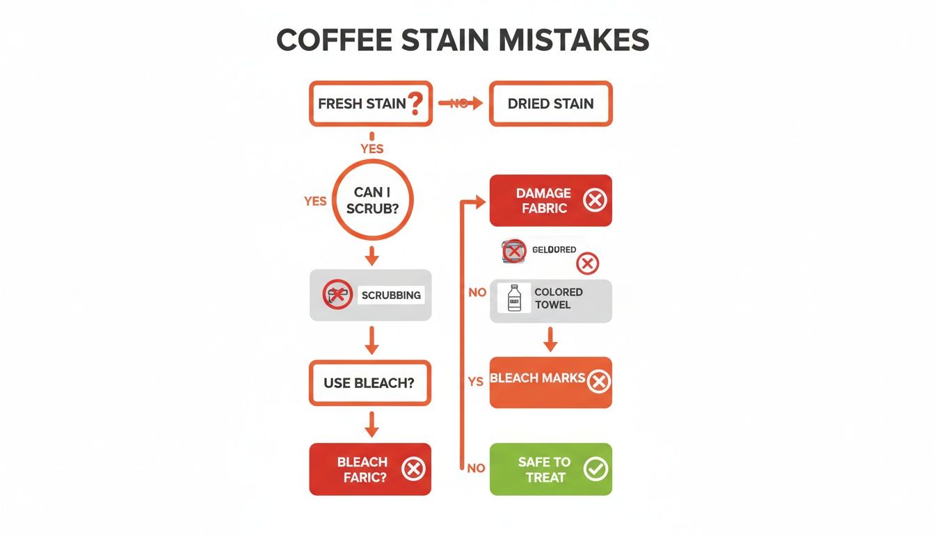 A flowchart outlining common mistakes and steps for treating fresh or dried coffee stains.