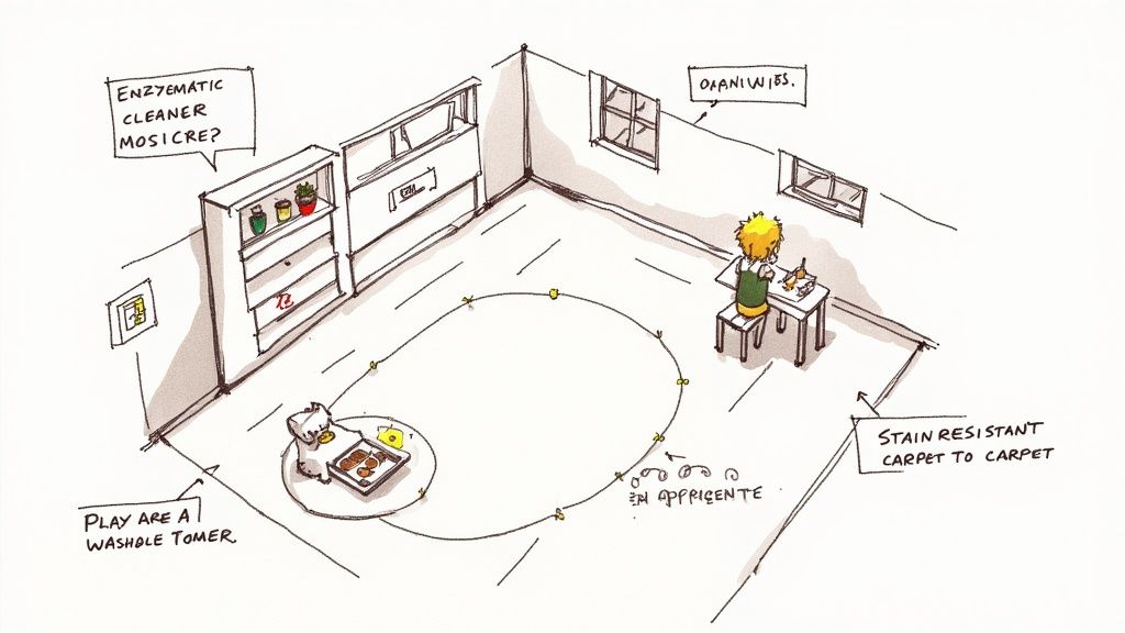Hand-drawn room sketch detailing stain-resistant carpet, enzymatic cleaner, and a washhole play area.