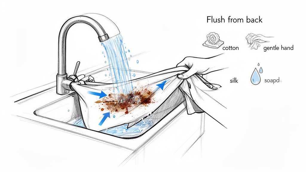 Hand flushing a stained cloth under running water in a sink, illustrating effective stain removal.