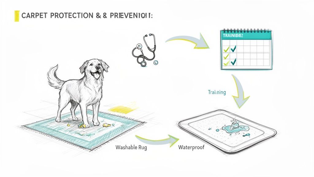Dog carpet protection and prevention illustrated with a dog, washable rug, stethoscope, training calendar, and waterproof mat.