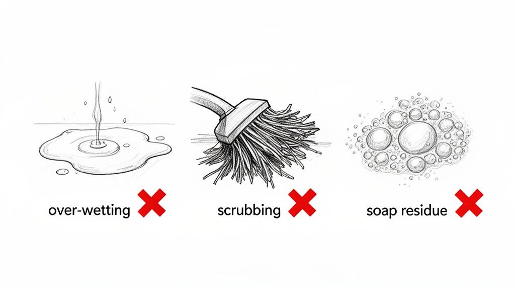 Illustrations showing three common mistakes to avoid: over-wetting, scrubbing, and soap residue, each with a red cross.