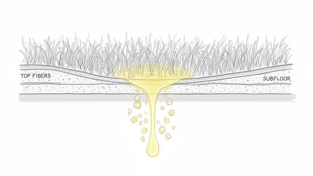 A cross-section diagram shows pet urine seeping through artificial turf layers and forming crystals.