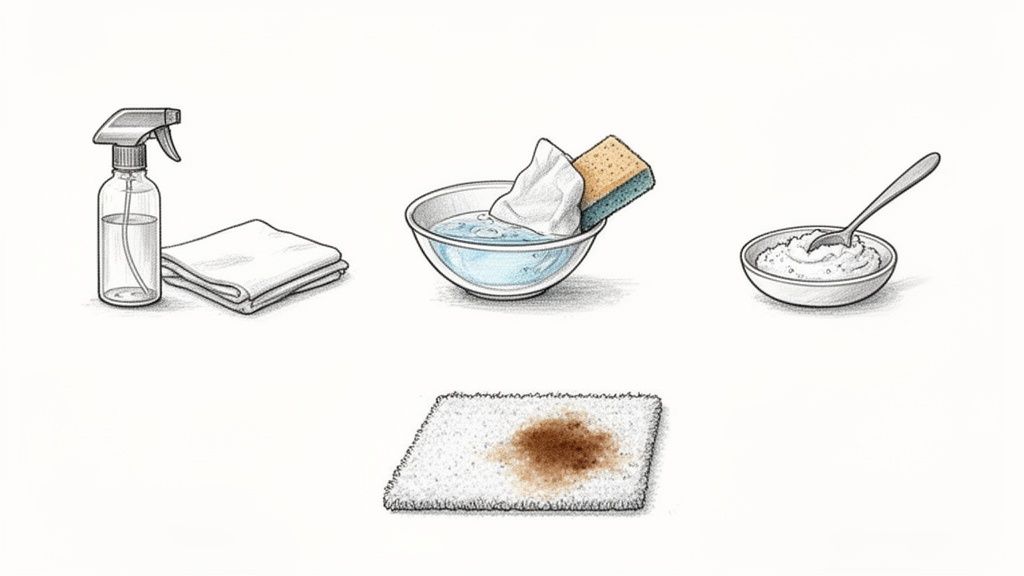 Various cleaning supplies: spray bottle, cloths, bowl of water with sponge, powder with spoon, and a stained carpet swatch.