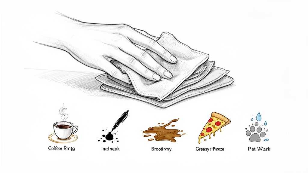 A hand wipes a surface with a cloth, above illustrations of various stains like coffee, ink, dirt, pizza, and pet paw prints.