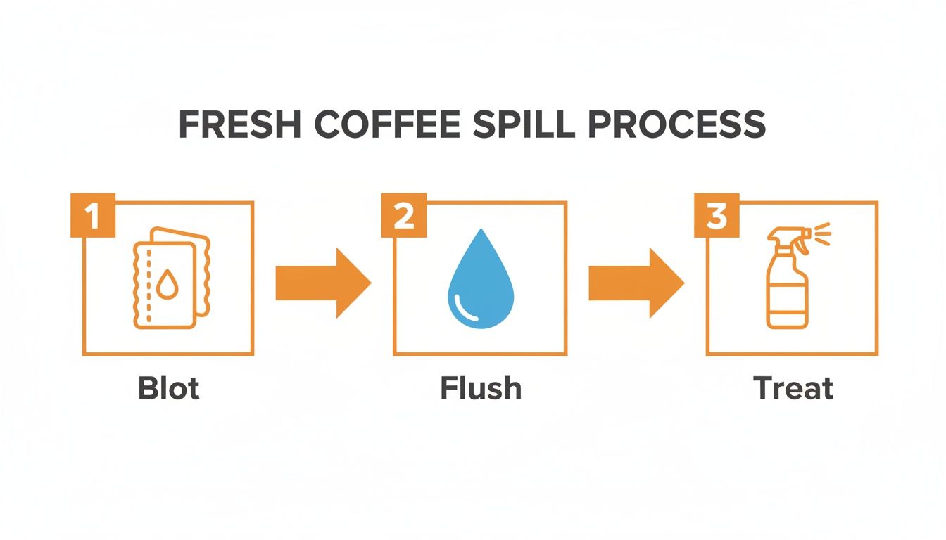 An infographic showing a three-step process to clean fresh coffee spills: blot, flush, and treat.