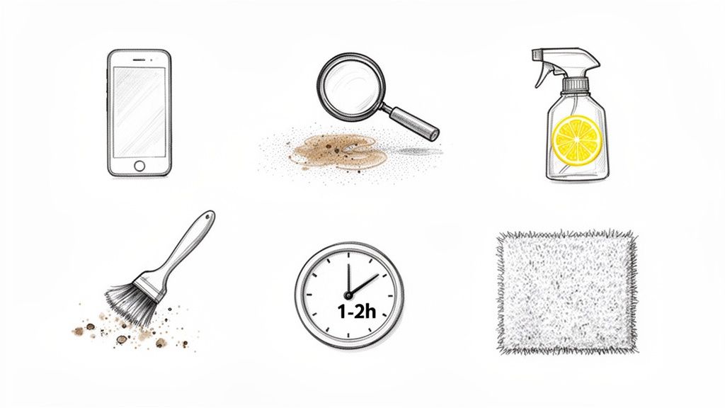 A collection of icons showing cleaning elements: a smartphone, magnifying glass over dirt, lemon spray bottle, cleaning brush, a clock showing 1-2 hours, and a fuzzy carpet square.