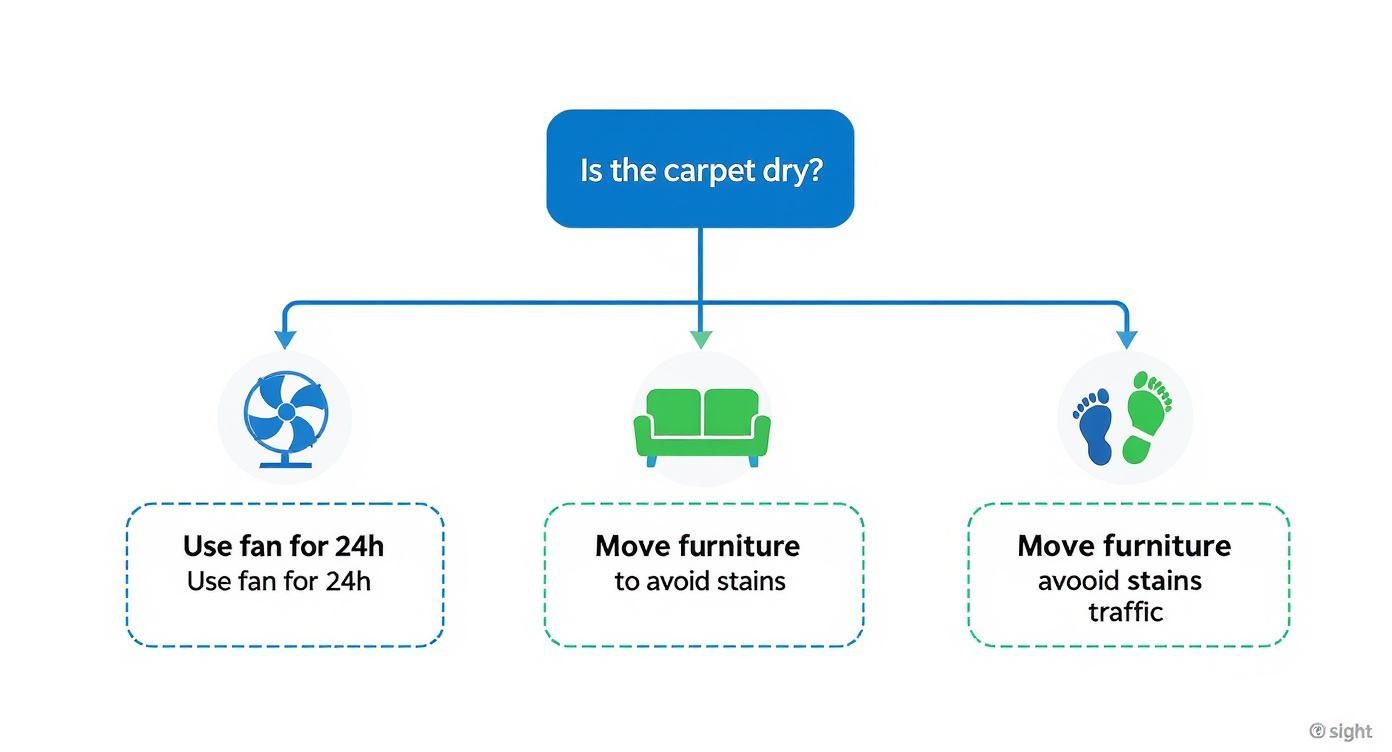 Diagram showing actions for a wet carpet: use fan, move furniture to avoid stains and traffic.