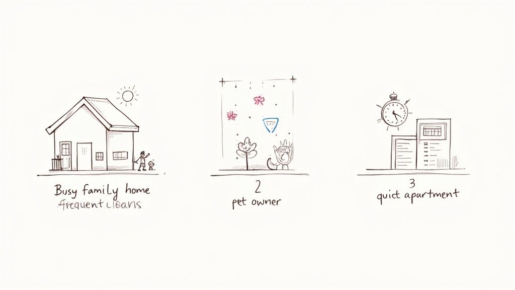 Three illustrations depicting different homes: a busy family home, a pet owner's home, and a quiet apartment.