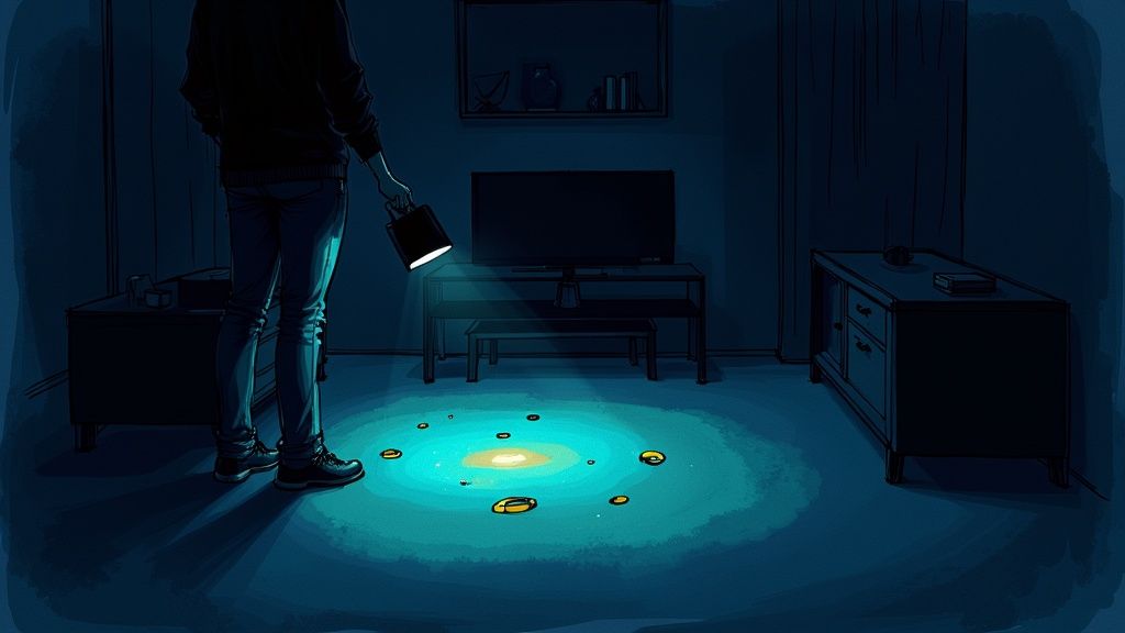 A person uses a flashlight to find objects in a glowing puddle on a dark room's floor.