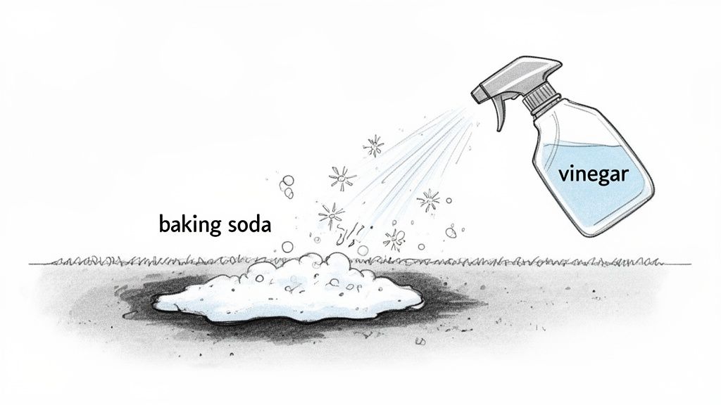 A spray bottle labeled 'vinegar' is used to spray liquid onto a pile of 'baking soda', causing a bubbly reaction.