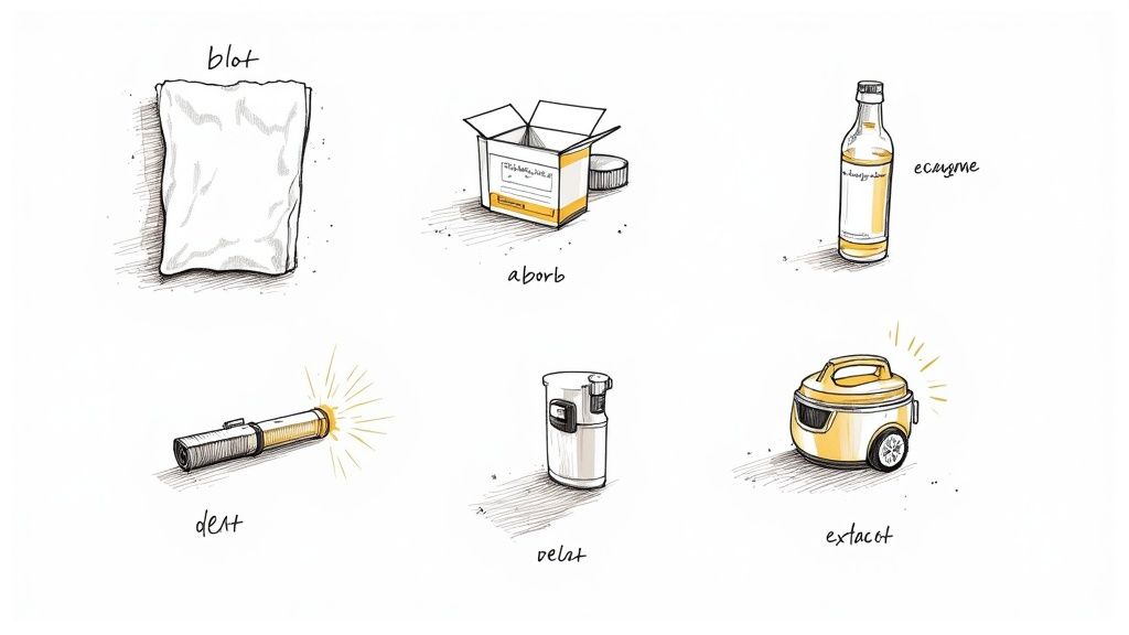 A collection of cleaning supplies for pet stains, including a spray bottle, white towels, and a brush, neatly arranged on a floor.