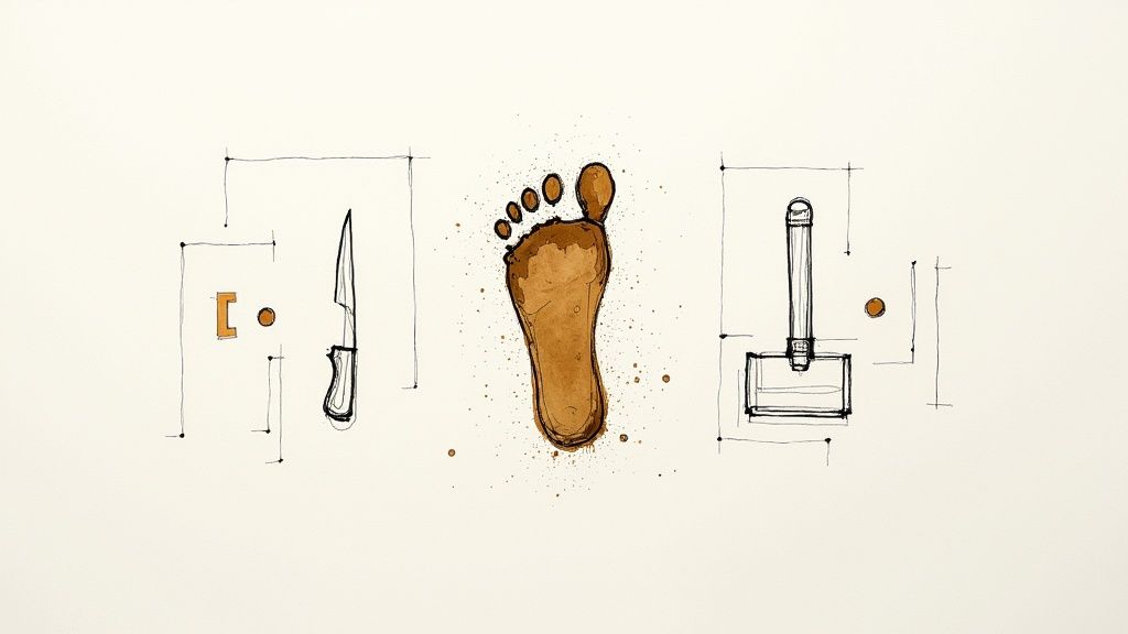 Close-up of a vacuum cleaner hose sucking up dried mud from a light-colored carpet.