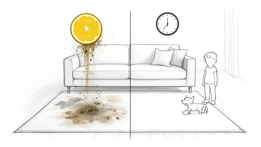 Before and after illustration of a dirty living room rug and couch, cleaned with citrus.
