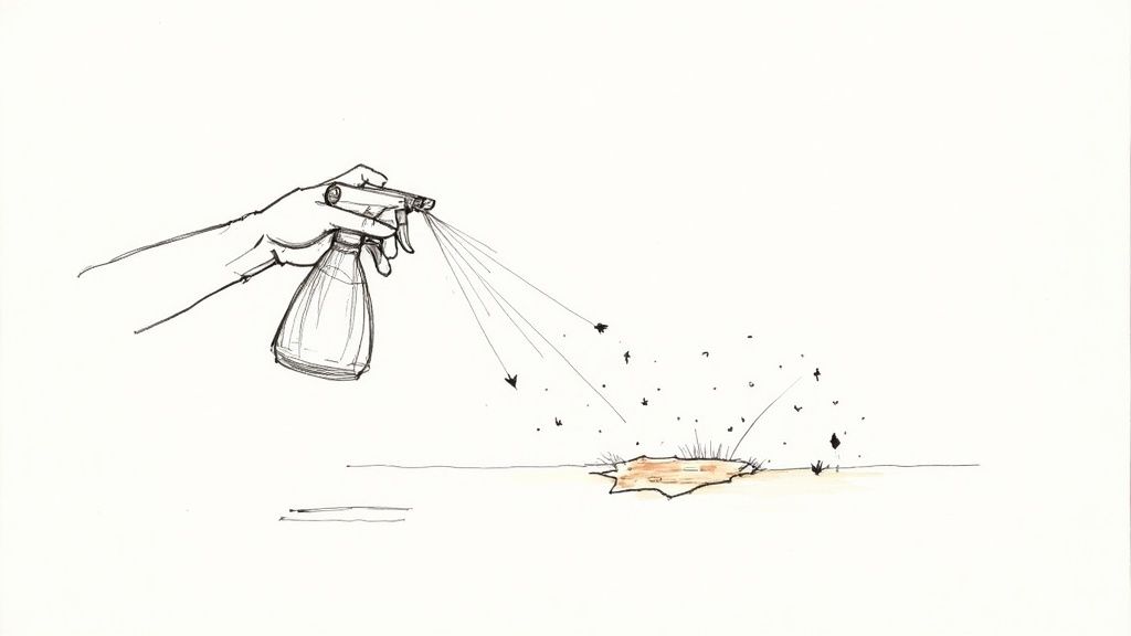 A person wearing gloves and using a cloth to blot a spot on a carpet, with cleaning supplies nearby.