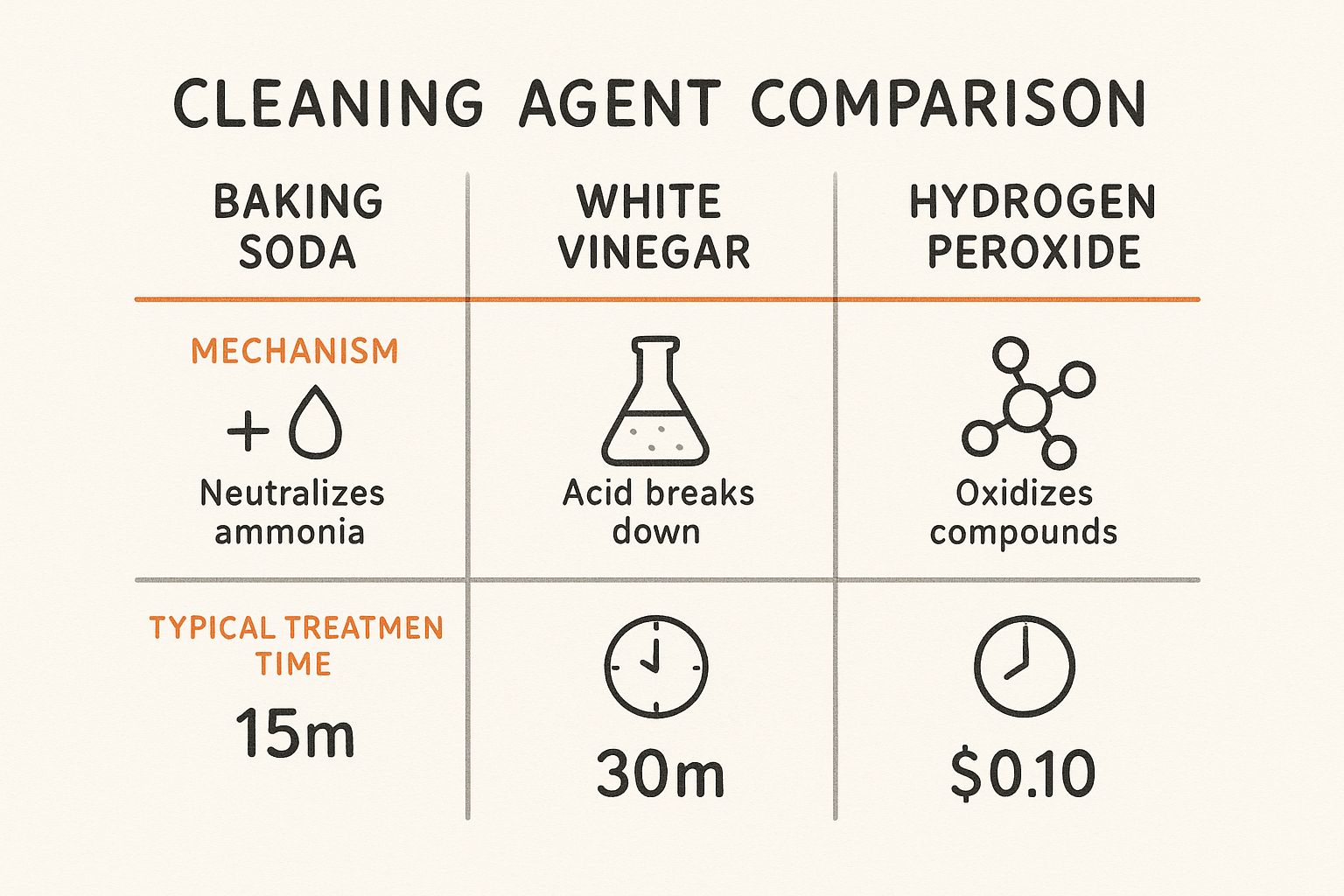 Infographic comparing the mechanism, treatment time, and cost of baking soda, white vinegar, and hydrogen peroxide for pet odor removal.