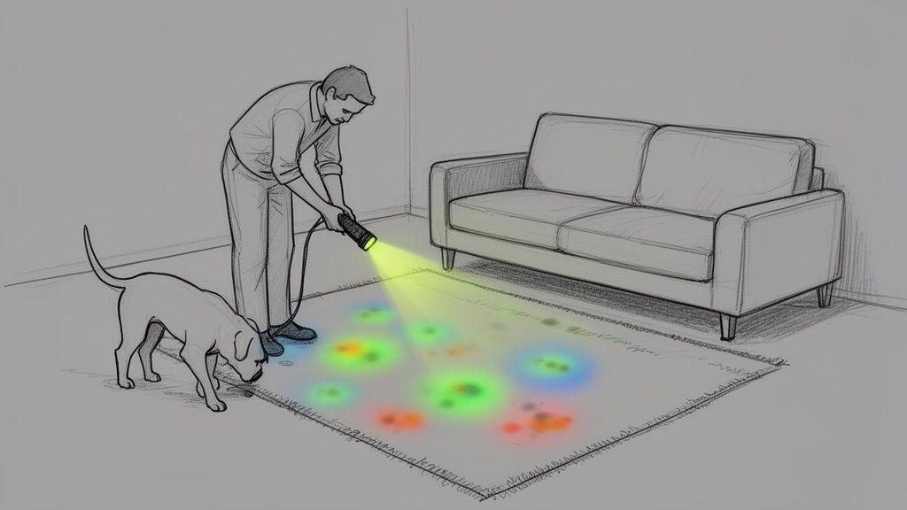 A man uses a flashlight on a rug with a dog, revealing colorful pet stains.