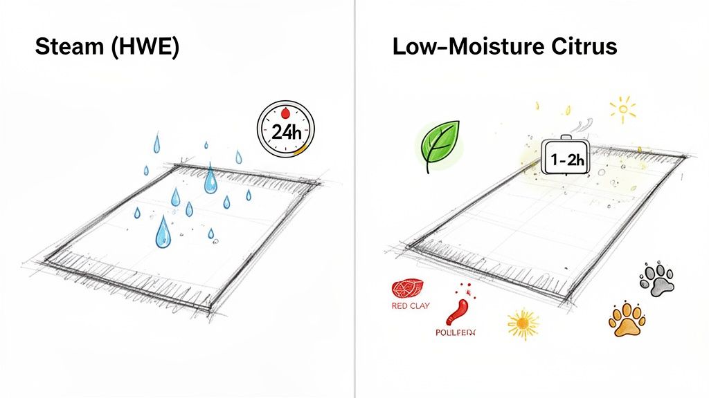 Comparison of steam and low-moisture citrus carpet cleaning methods, illustrating different drying times.