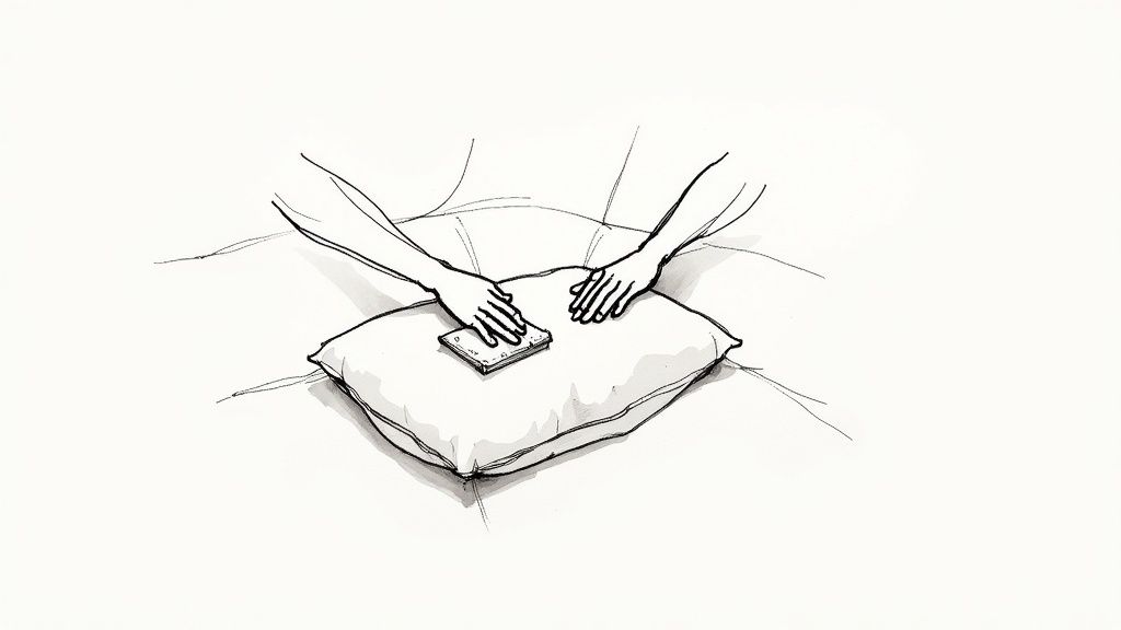 A person gently cleaning a light-colored couch with a microfiber cloth and spray bottle.