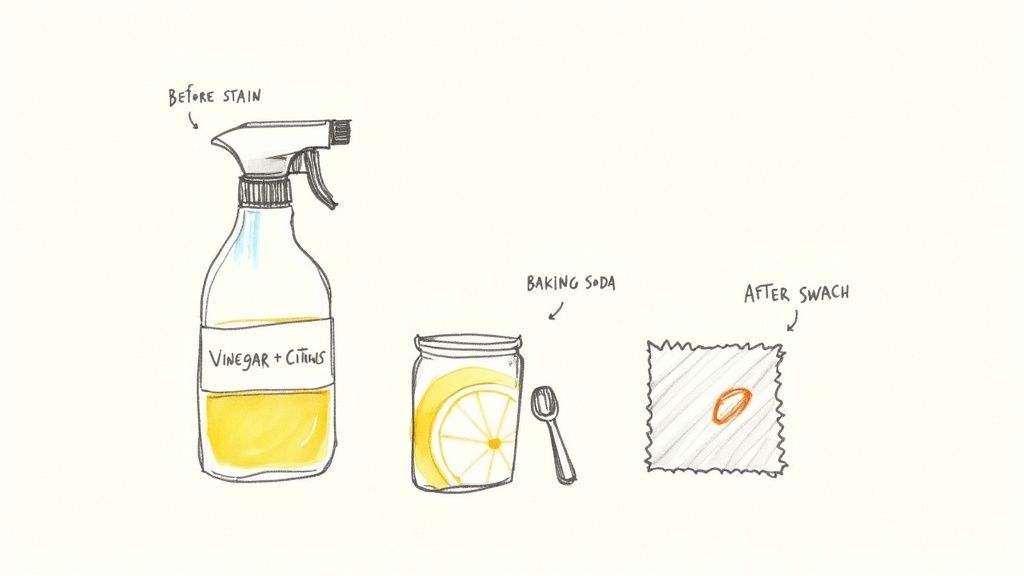 DIY stain removal guide with vinegar-citrus spray, baking soda, and a fabric swatch showing results.