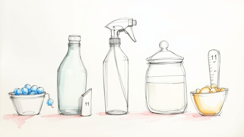 A person examining the label on a bottle of commercial carpet cleaner in a store aisle