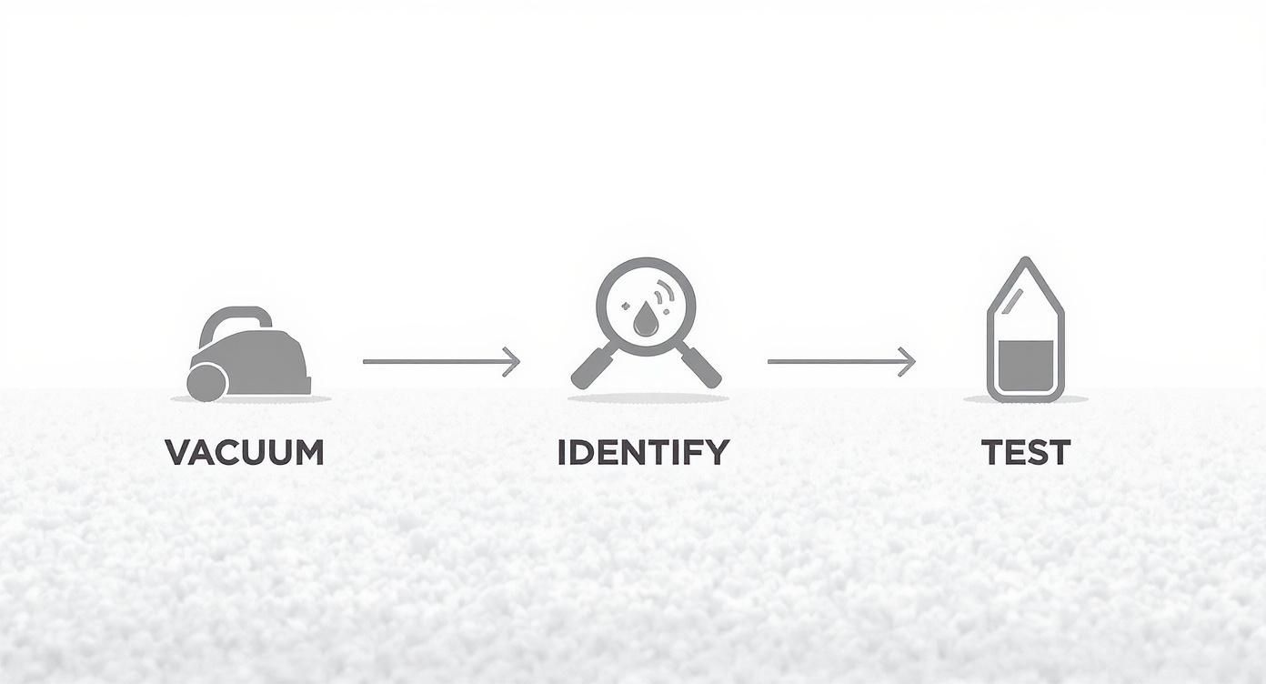 Three-step carpet cleaning process showing vacuum, identification with magnifying glass, and testing solution