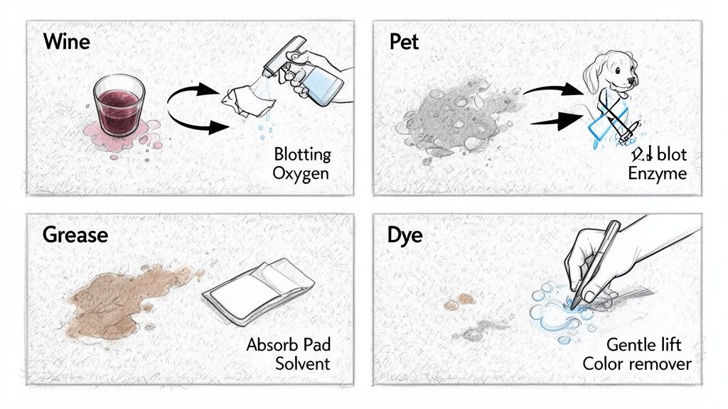 Four panels illustrating different methods for removing common carpet stains like wine, pet, grease, and dye.