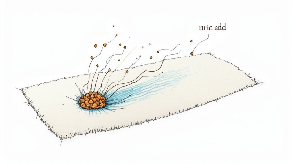 An illustration depicts uric acid crystals emanating from a soiled spot on a light-colored fabric.