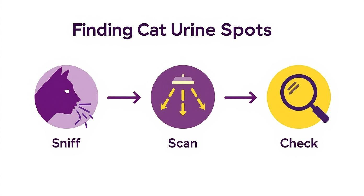 An infographic showing three steps to find cat urine spots: sniff, scan with UV light, and check.