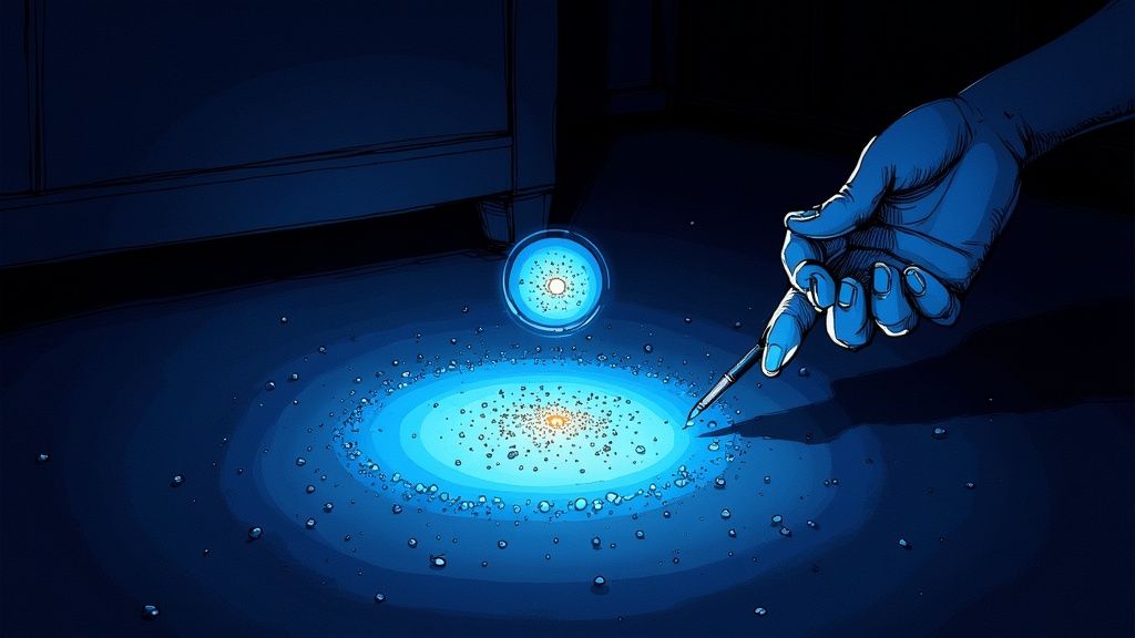 A hand holding a UV blacklight over a carpet, revealing glowing yellow spots from old dog urine stains.