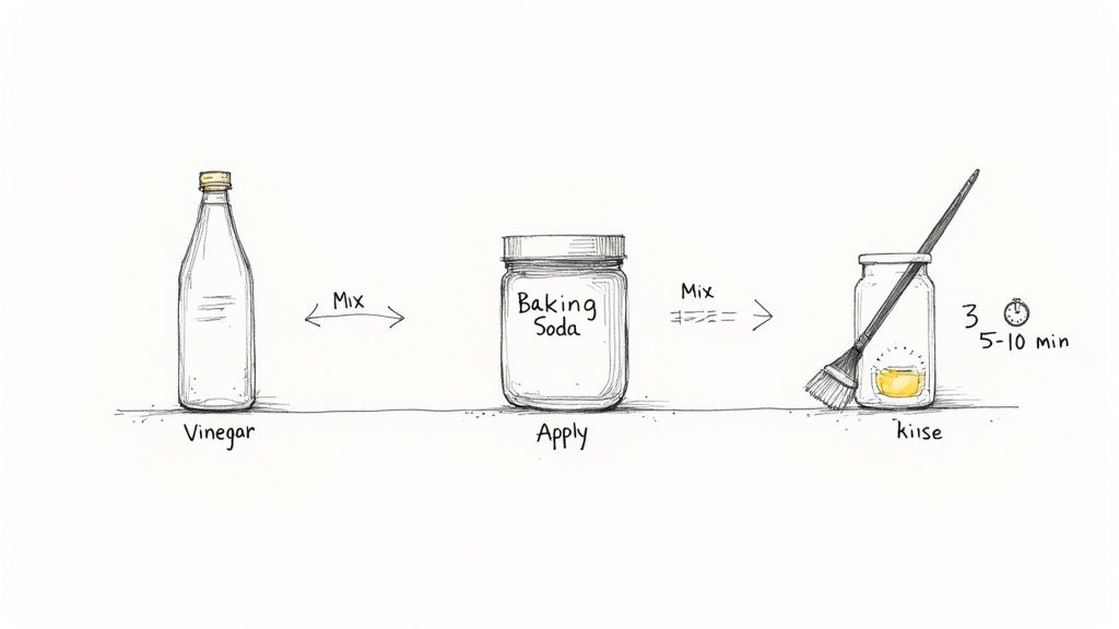 Diagram illustrating a DIY cleaning solution using vinegar and baking soda, with application steps and a wait time.