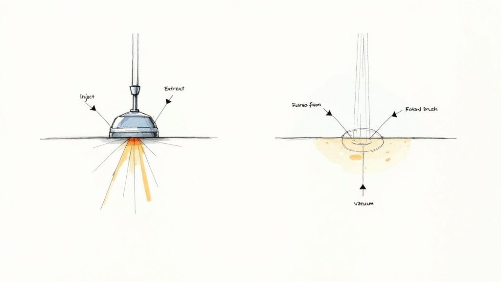 Two conceptual diagrams illustrate a wet carpet cleaning process, showing injection, extraction, foam, brush, and vacuum mechanisms.
