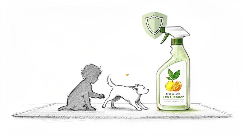 An eco-cleaner bottle with lemons, a child, and a dog on a rug, promoting safe cleaning.