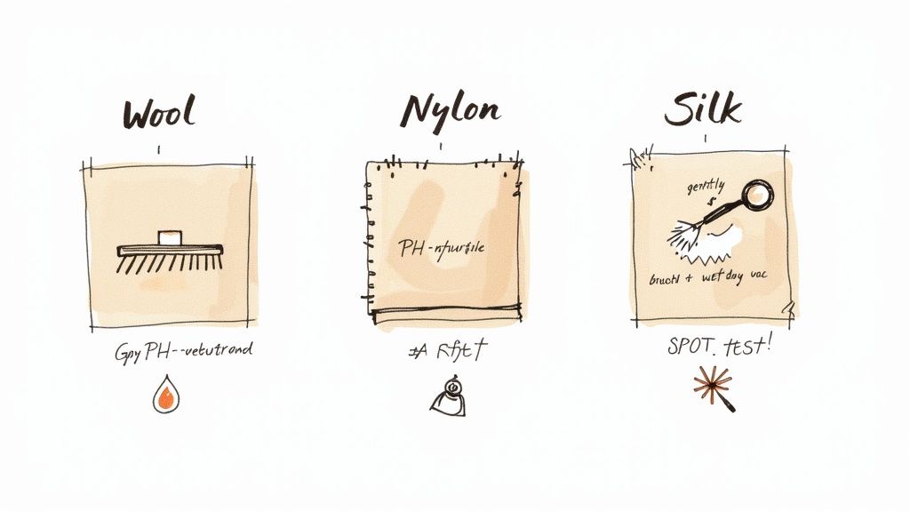 Three fabric care illustrations showing cleaning methods for wool, nylon, and silk materials