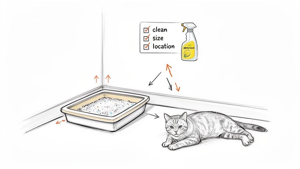 Illustration of a cat near a litter box, with a checklist for 'clean, size, location' and a deterrent spray.