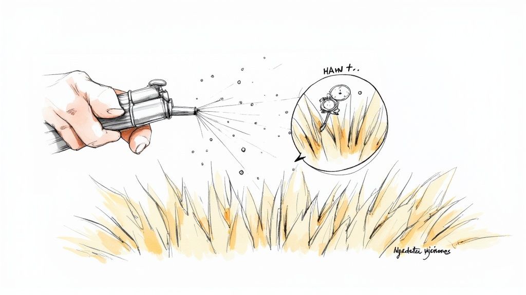 An illustration of a hand spraying water onto grass, revealing a tiny pocket watch and magnifying glass.