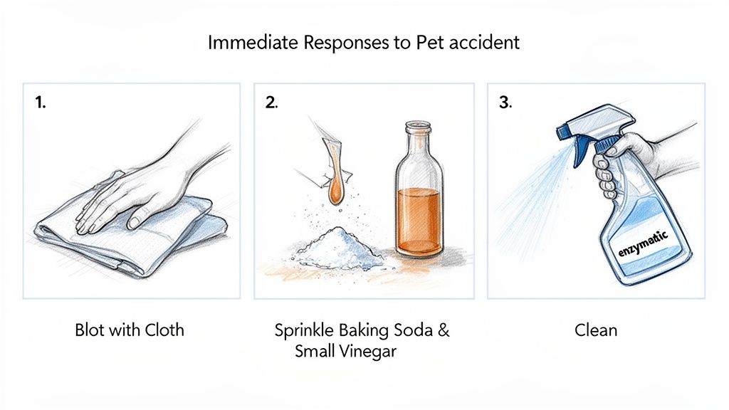 Three steps for cleaning pet accidents: blot with a cloth, sprinkle baking soda and vinegar, then spray with enzymatic cleaner.