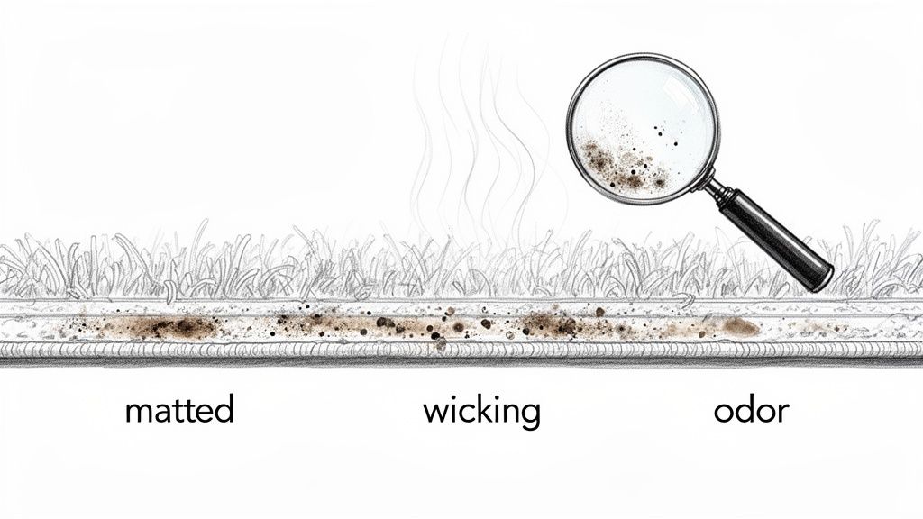Diagram illustrating dirty carpet issues: matted fibers, wicking dirt, and odor under a magnifying glass.
