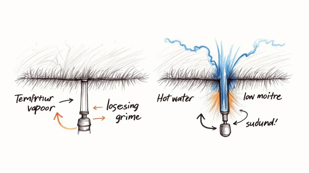 Two diagrams illustrate different cleaning methods: one uses vapor to remove grime, the other hot water.