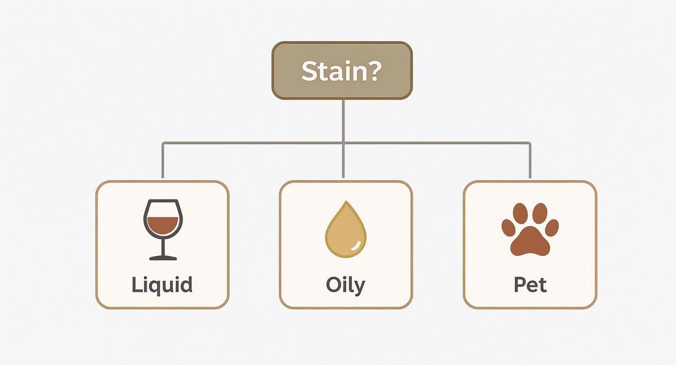 Infographic decision tree for different types of rug stains including liquid, oily, and pet stains.