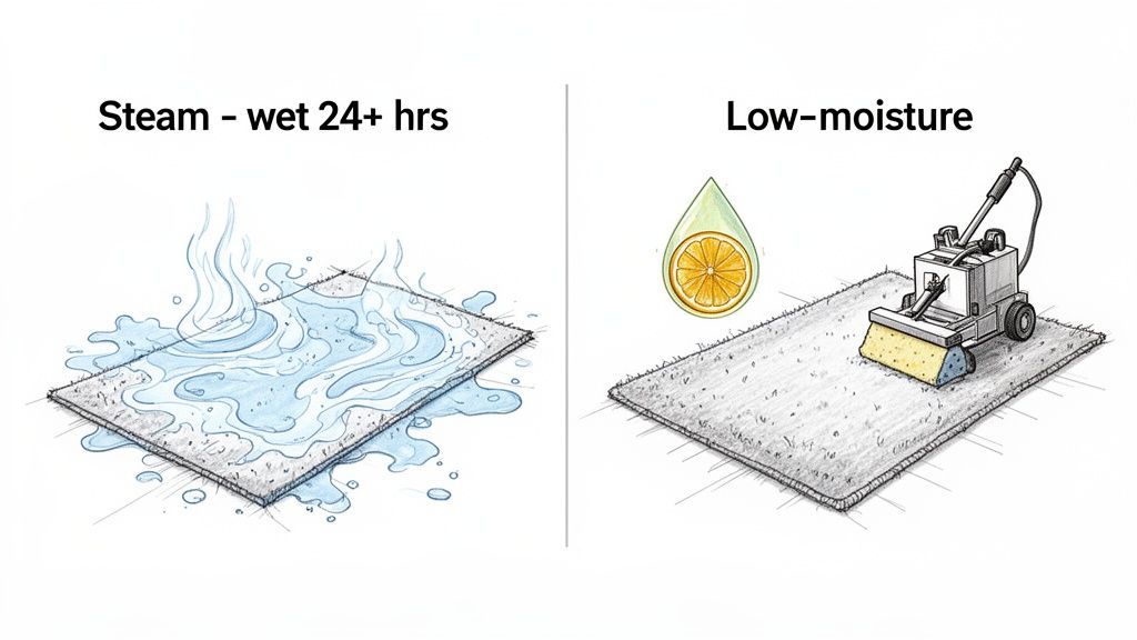 Illustration comparing traditional steam carpet cleaning, leaving carpets wet for hours, with modern low-moisture methods.