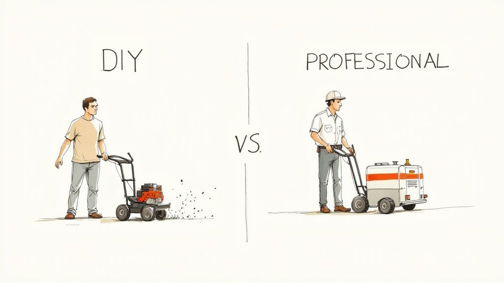 Illustration comparing DIY versus professional floor cleaning, showing two men with different machines.