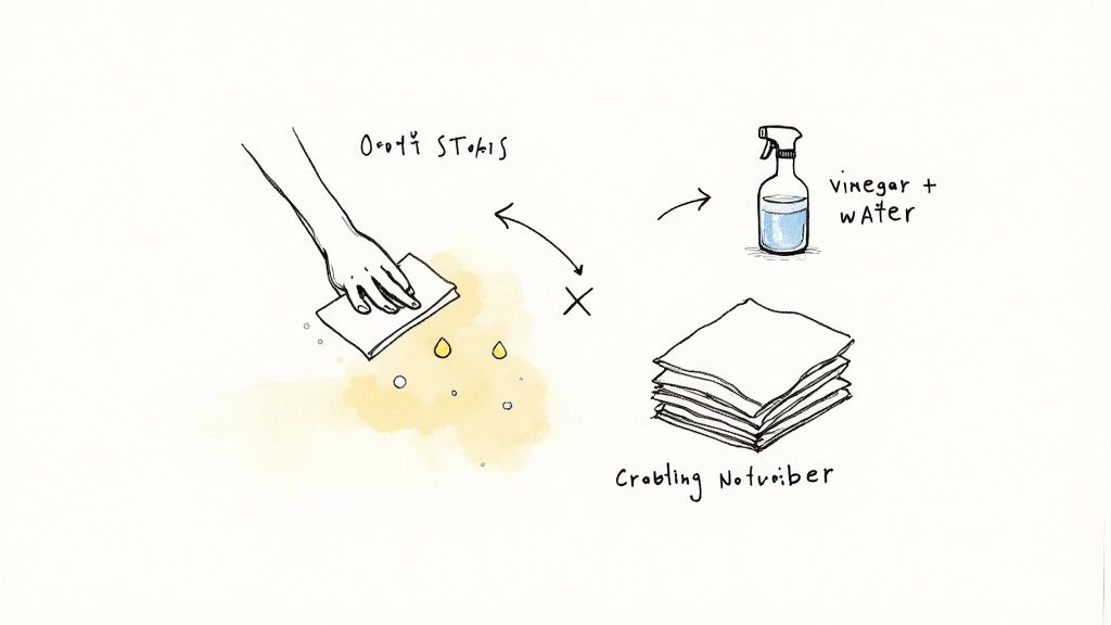 A person's hand wearing a yellow rubber glove blotting a fresh pet stain on a beige carpet with a white cloth.