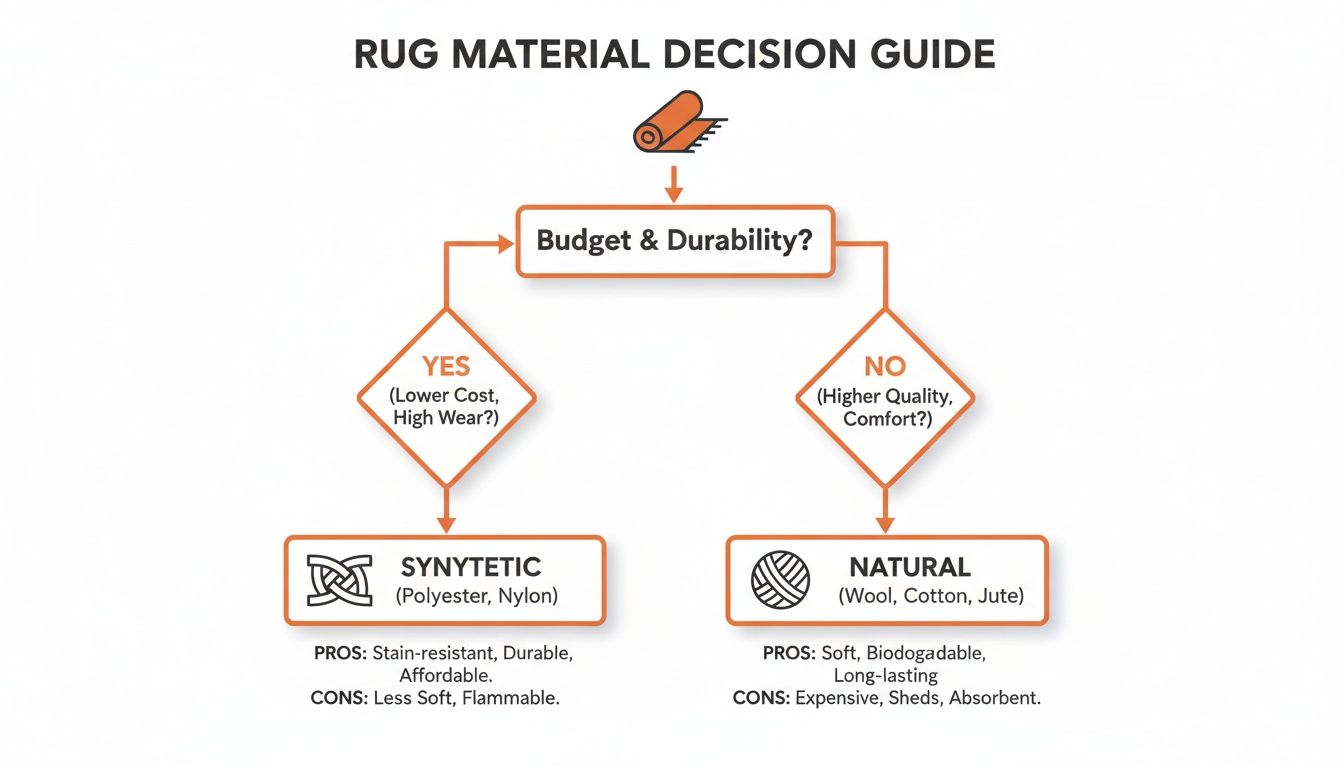Flowchart guiding rug material selection based on budget, durability, quality, and comfort.