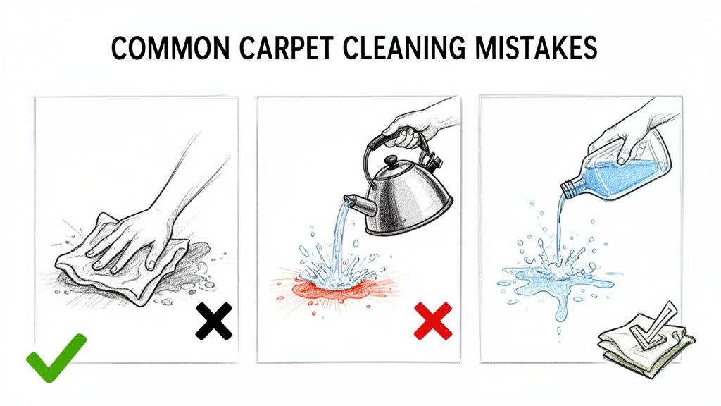 Illustrations showing common carpet cleaning mistakes, including dabbing a spill versus pouring hot water or cleaner.