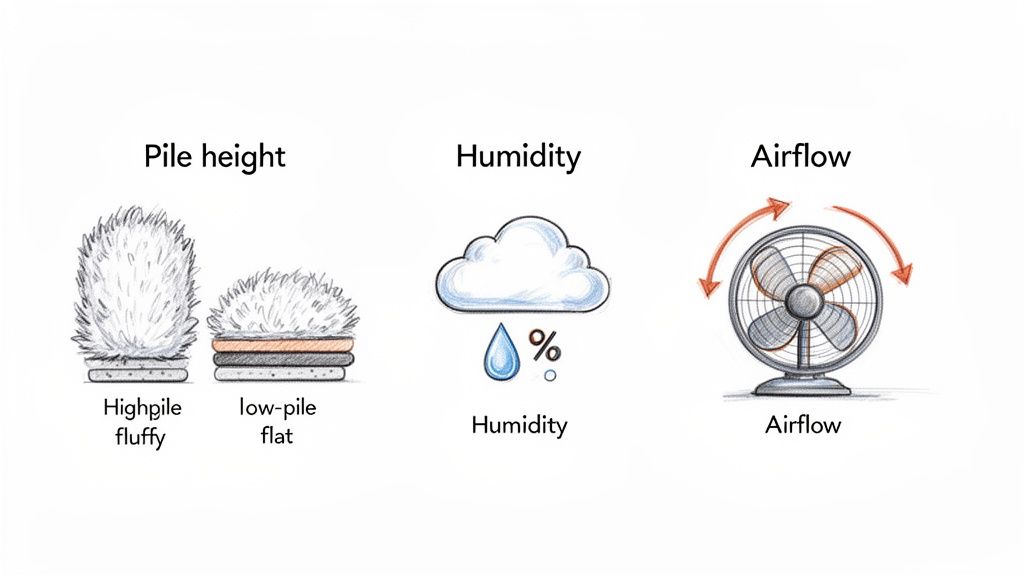 Illustrations depicting pile height (high/low), humidity (cloud/droplet), and airflow (fan) as drying factors.