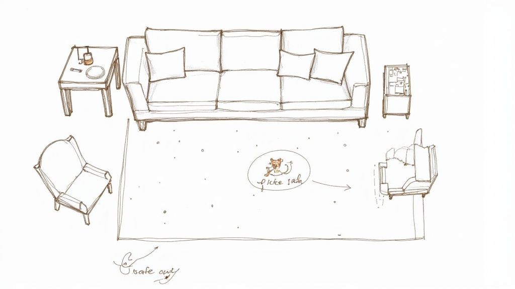 A person vacuuming a spacious, clean living room carpet with sunlight streaming in.