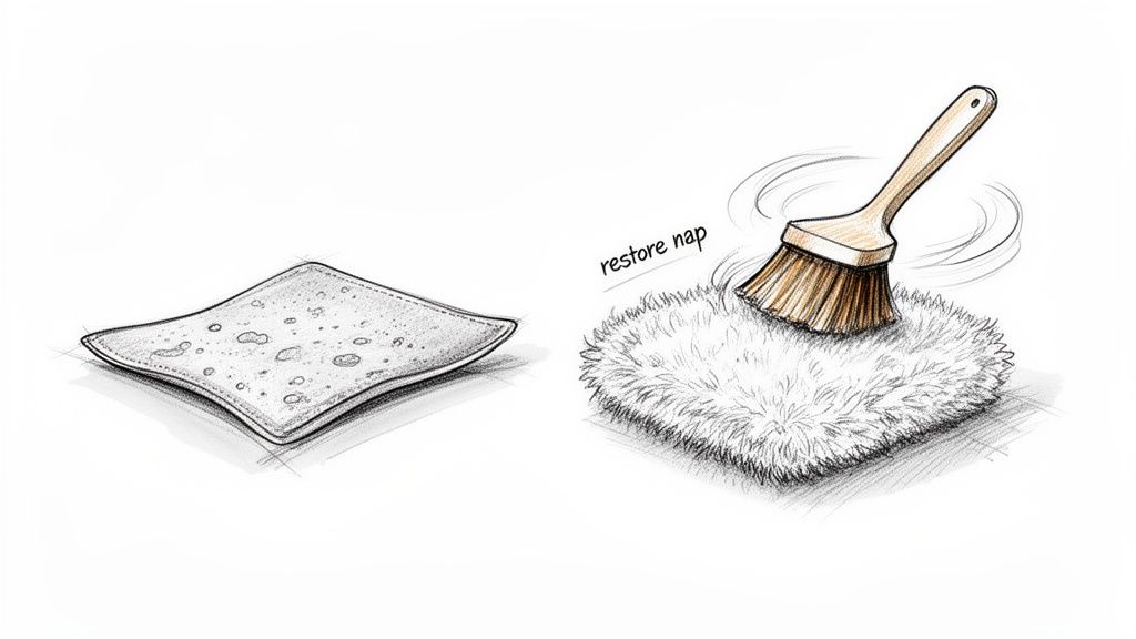 Illustration showing a flattened fabric and a brush restoring the fluffy nap of a textured surface.