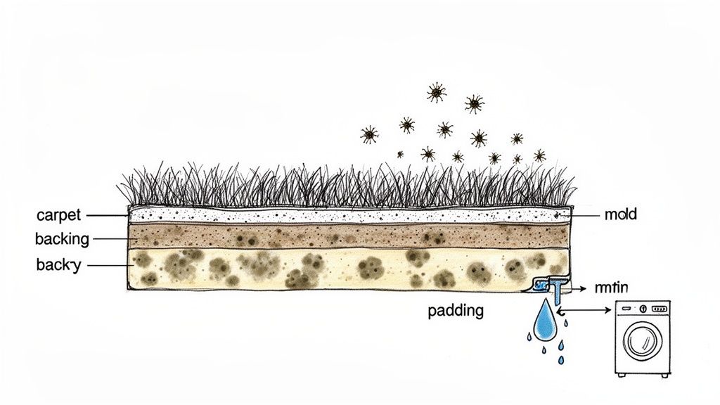 Detailed diagram of carpet layers with mold growth, showing airborne spores and water drainage into a washing machine.